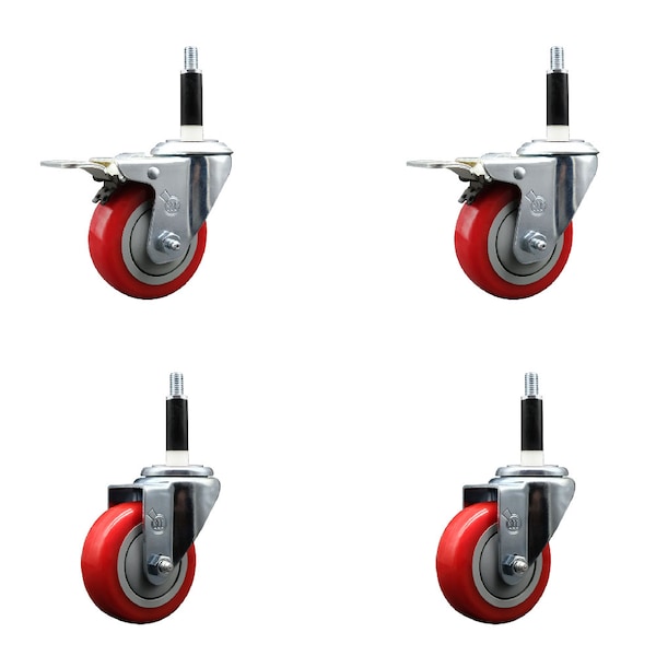 Service Caster 3.5'' Red Poly Swivel 7/8'' Expanding Stem Caster Set 2 Total Lock Brakes, 4PK SCC-EXTTL20S3514-PPUB-RED-2-S-2-78 - main